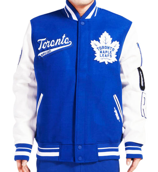 PRO STANDARD MEN'S NHL TORONTO MAPLE LEAFS SCRIPT TAIL WOOL ROYAL BLUE/WHITE VARSITY JACKET