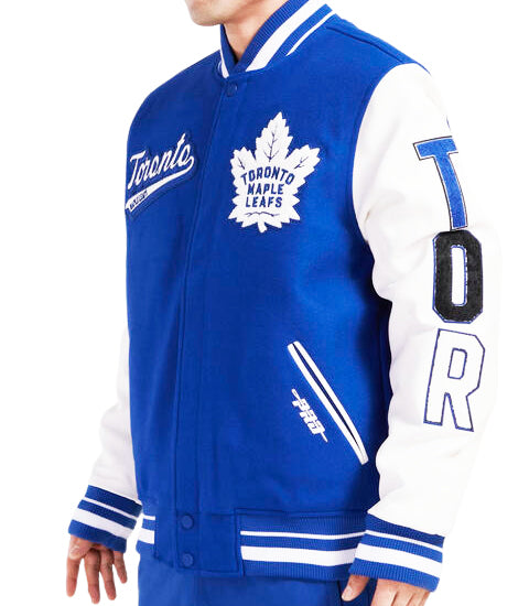 PRO STANDARD MEN'S NHL TORONTO MAPLE LEAFS SCRIPT TAIL WOOL ROYAL BLUE/WHITE VARSITY JACKET