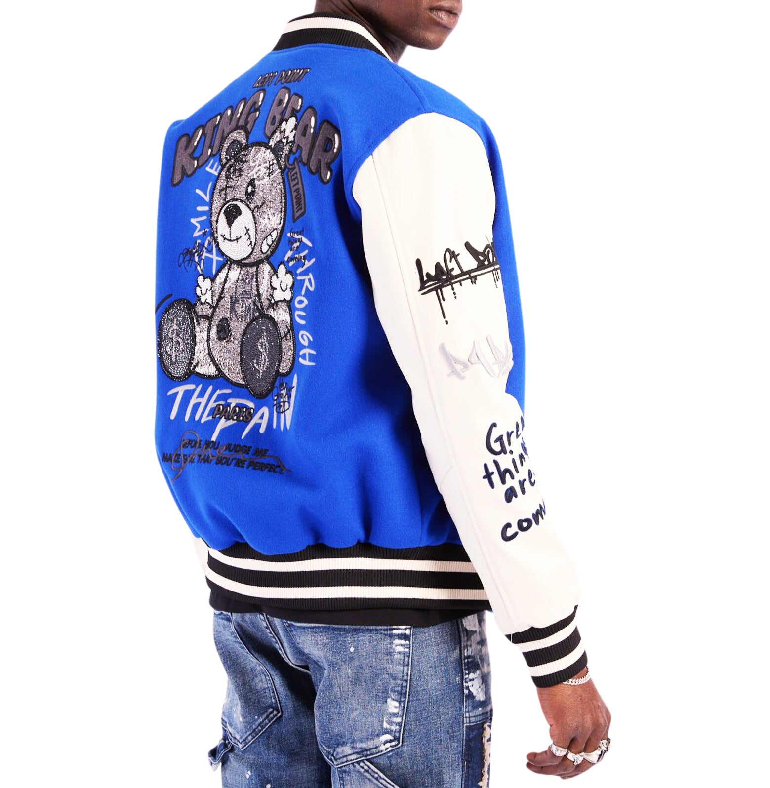 LEFT POINT MEN'S EMBROIDERED & RHINESTONE PAMP BEAR VARSITY JACKET (ROYAL BLUE)