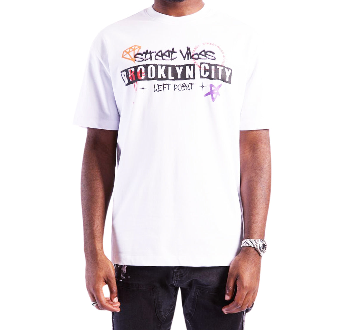 LEFT POINT MEN'S RHINESTONE DESIGN BROOKLYN CITY STREET VIBES T-SHIRT (WHITE)