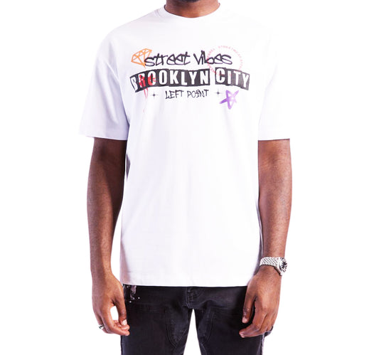 LEFT POINT MEN'S RHINESTONE DESIGN BROOKLYN CITY STREET VIBES T-SHIRT (WHITE)