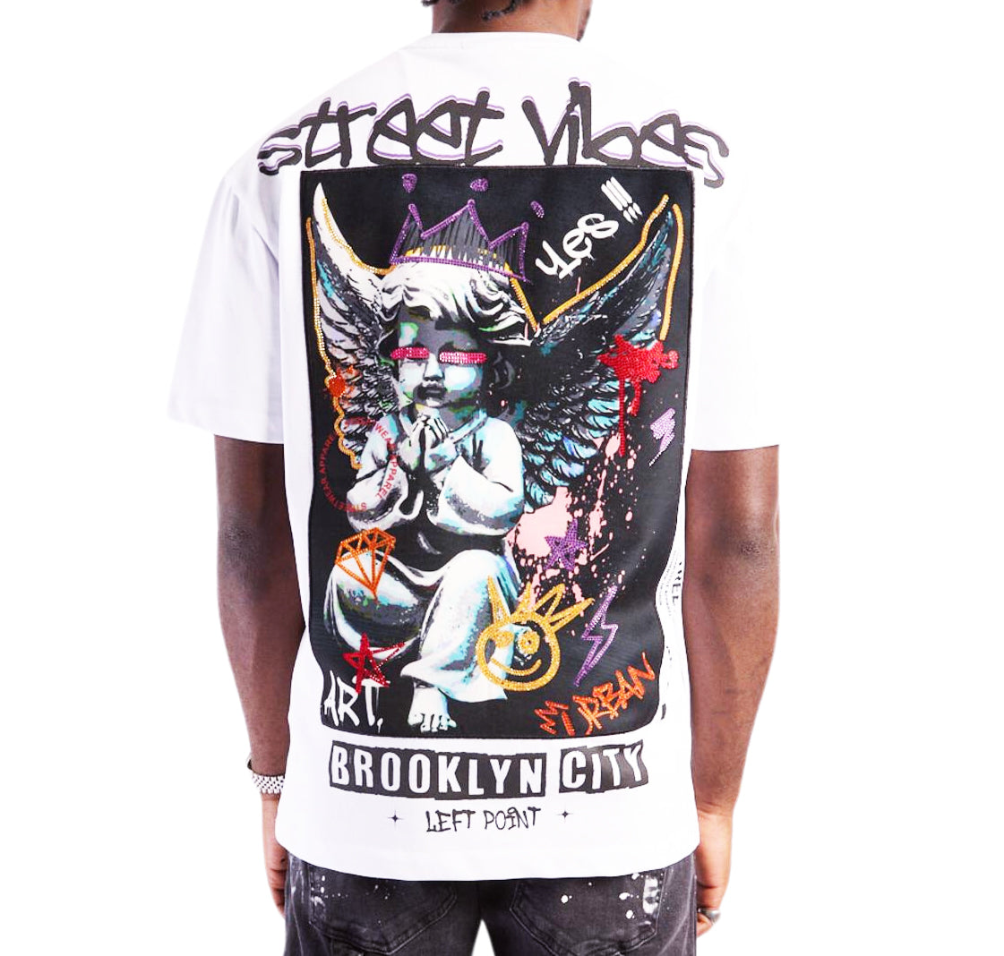 LEFT POINT MEN'S RHINESTONE DESIGN BROOKLYN CITY STREET VIBES T-SHIRT (WHITE)