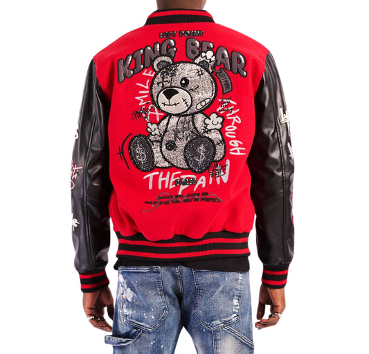 LEFT POINT MEN'S EMBROIDERED & RHINESTONE PAMP BEAR VARSITY JACKET (RED)