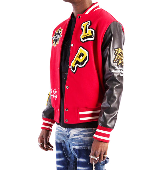 LEFT POINT MEN'S EMBROIDERED & RHINESTONE PANTHER VARSITY JACKET (RED)