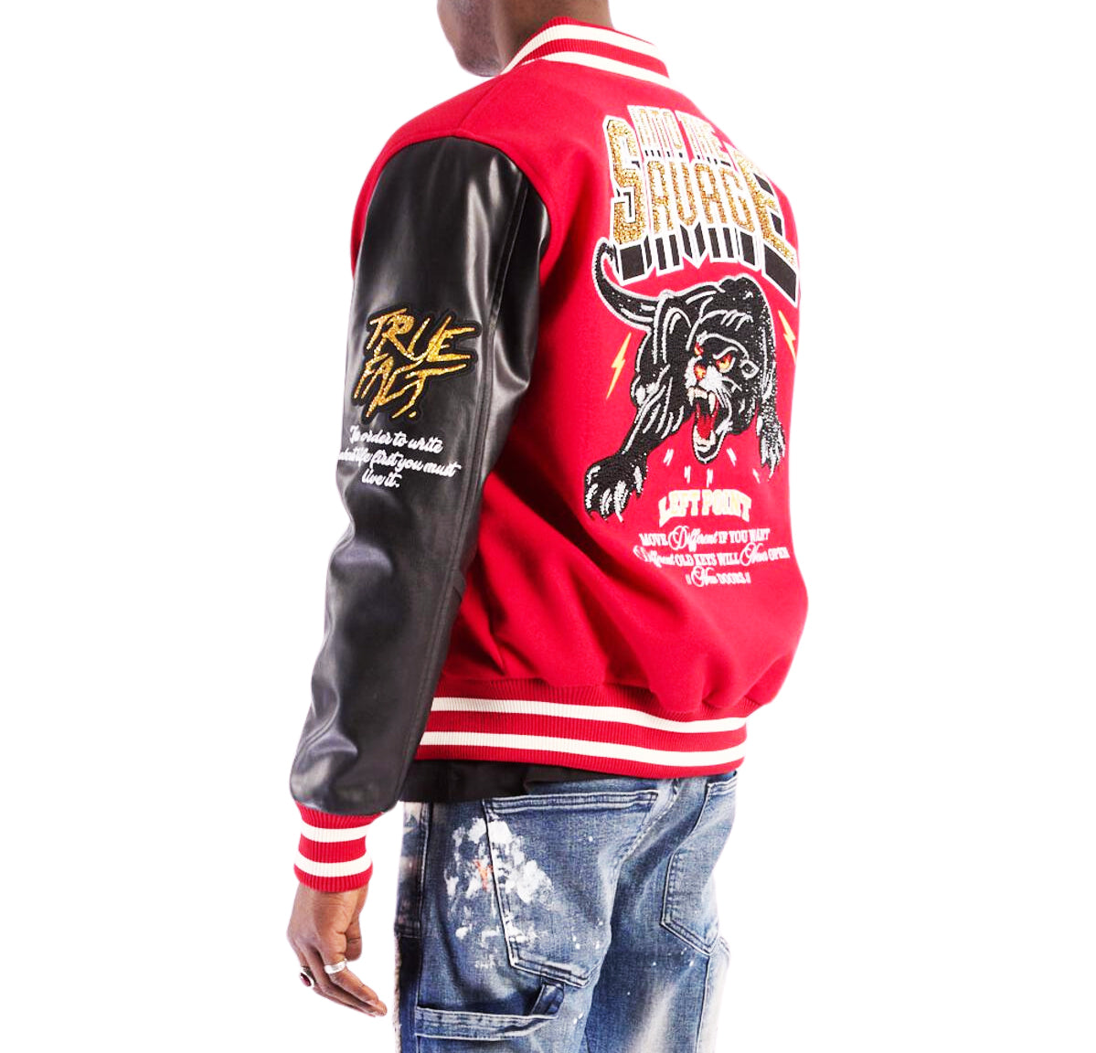 LEFT POINT MEN'S EMBROIDERED & RHINESTONE PANTHER VARSITY JACKET (RED)