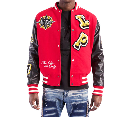 LEFT POINT MEN'S EMBROIDERED & RHINESTONE PANTHER VARSITY JACKET (RED)