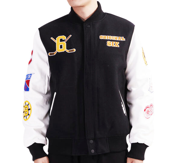 PRO STANDARD MEN'S NHL THE ORIGINAL SIX CLASSIC WOOL VARSITY JACKET (BLACK/WHITE)