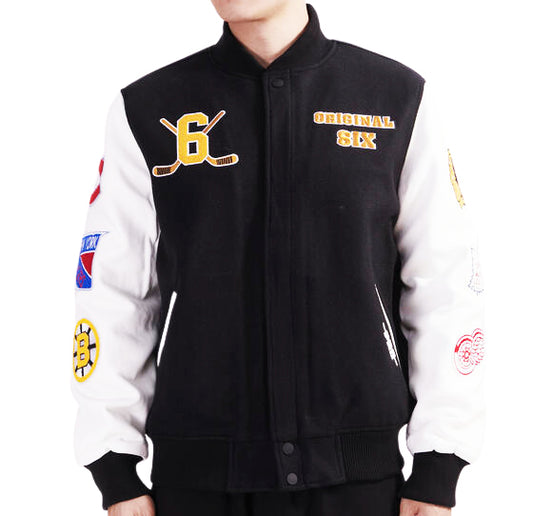 PRO STANDARD MEN'S NHL THE ORIGINAL SIX CLASSIC WOOL VARSITY JACKET (BLACK/WHITE)
