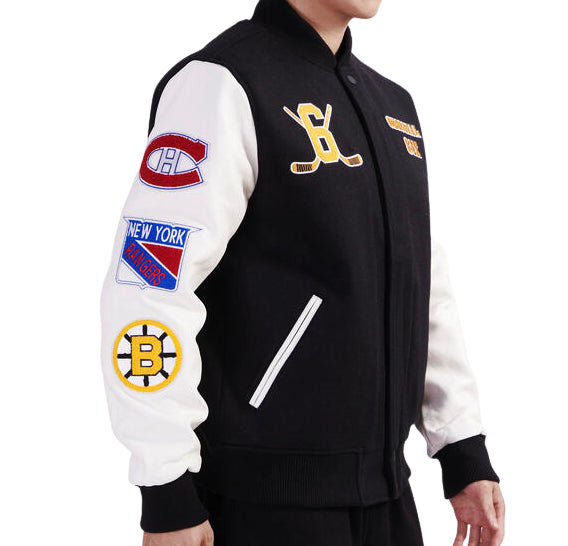 PRO STANDARD MEN'S NHL THE ORIGINAL SIX CLASSIC WOOL VARSITY JACKET (BLACK/WHITE)