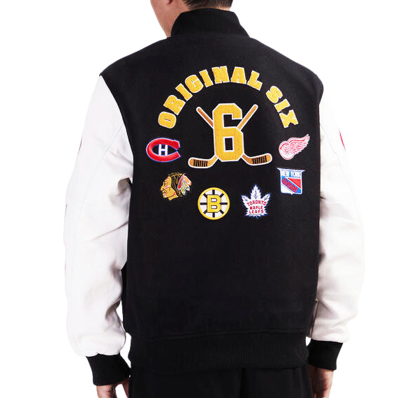 PRO STANDARD MEN'S NHL THE ORIGINAL SIX CLASSIC WOOL VARSITY JACKET (BLACK/WHITE)