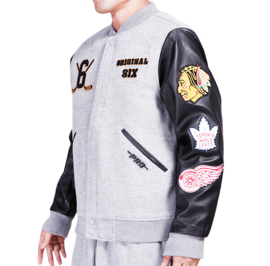 PRO STANDARD MEN'S NHL THE ORIGINAL SIX CLASSIC WOOL VARSITY JACKET (HEATHER GREY/BLACK)