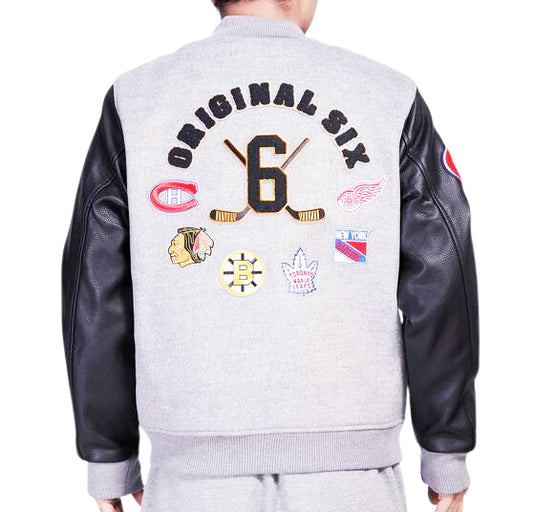 PRO STANDARD MEN'S NHL THE ORIGINAL SIX CLASSIC WOOL VARSITY JACKET (HEATHER GREY/BLACK)
