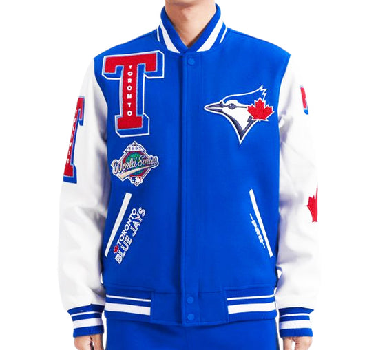 PRO STANDARD MEN'S MLB TORONTO BLUE JAYS 1993 WORLD SERIES MASH UP RIB WOOL ROYAL BLUE/ WHITE VARSITY JACKET