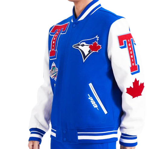 PRO STANDARD MEN'S MLB TORONTO BLUE JAYS 1993 WORLD SERIES MASH UP RIB WOOL ROYAL BLUE/ WHITE VARSITY JACKET
