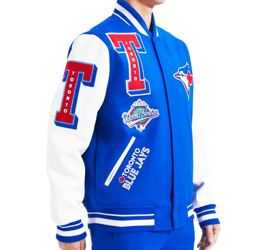 PRO STANDARD MEN'S MLB TORONTO BLUE JAYS MASH UP RIB WOOL ROYAL BLUE/ WHITE VARSITY JACKET