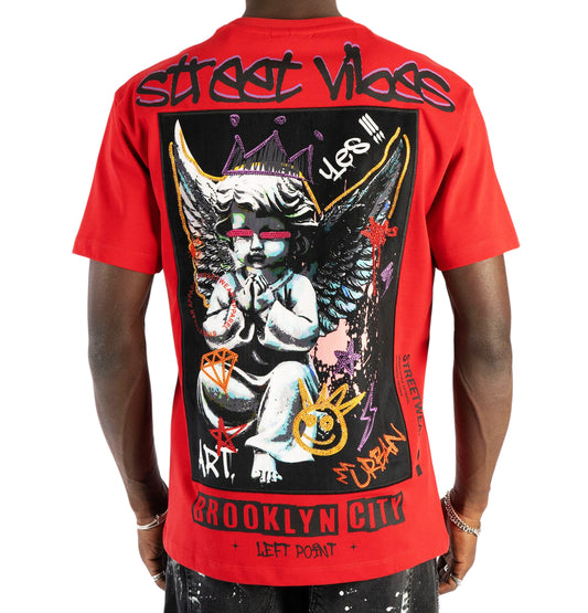 LEFT POINT MEN'S RHINESTONE DESIGN BROOKLYN CITY STREET VIBES T-SHIRT (RED)