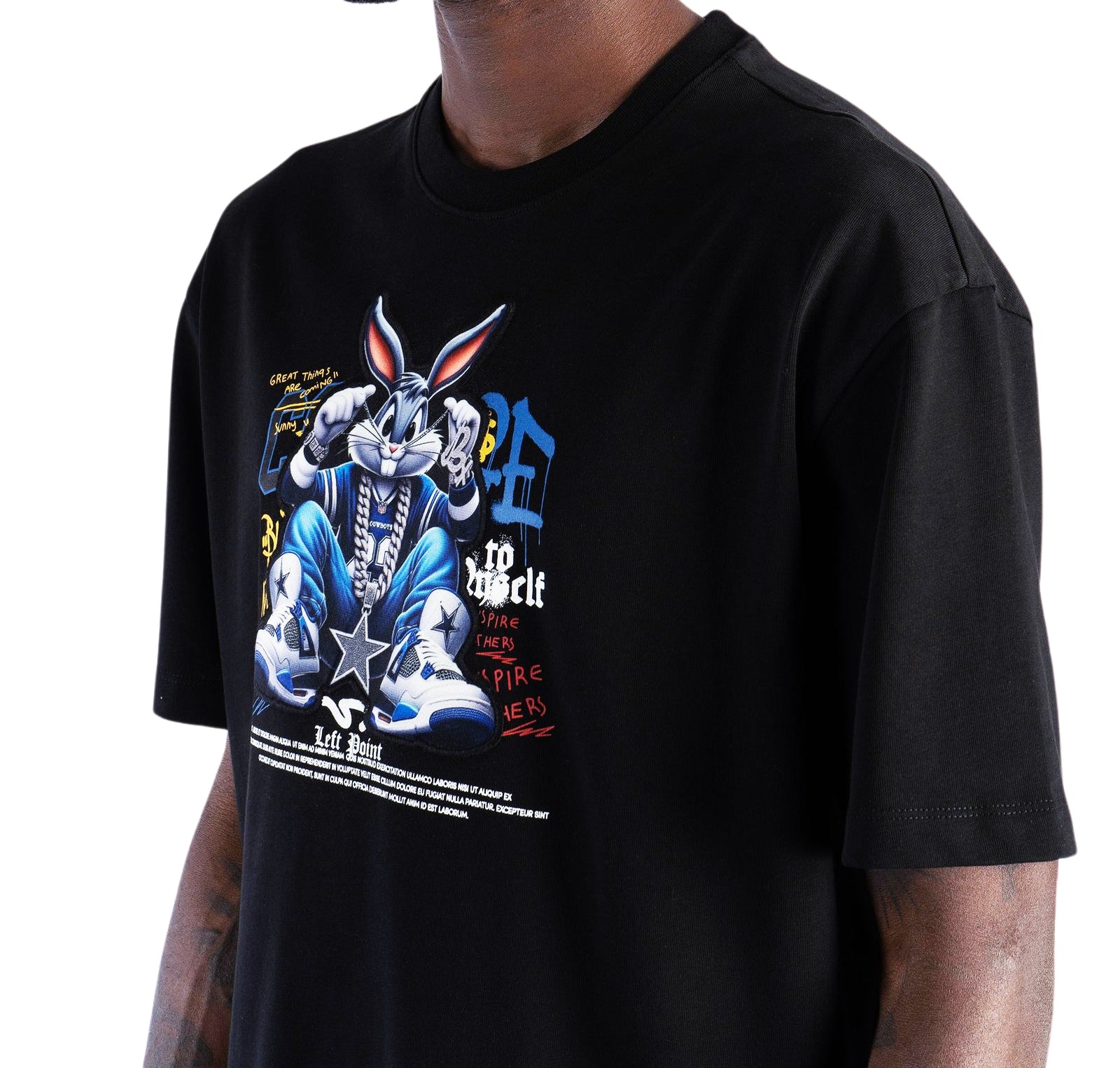 LEFT POINT MEN'S RHINESTONE DESIGN PIRE BUNNY T-SHIRT (BLACK)