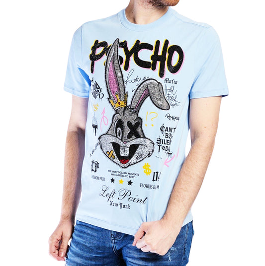 LEFT POINT MEN'S RHINESTONE DESIGN PSYCHO RABBIT OF YOUR SOUL T-SHIRT (LIGHT BLUE)