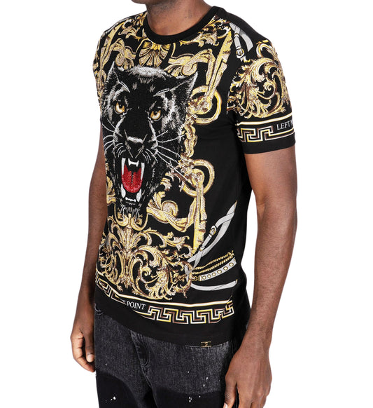 LEFT POINT MEN'S RHINESTONE CREW NECK WILD TIGER T-SHIRT (BLACK)