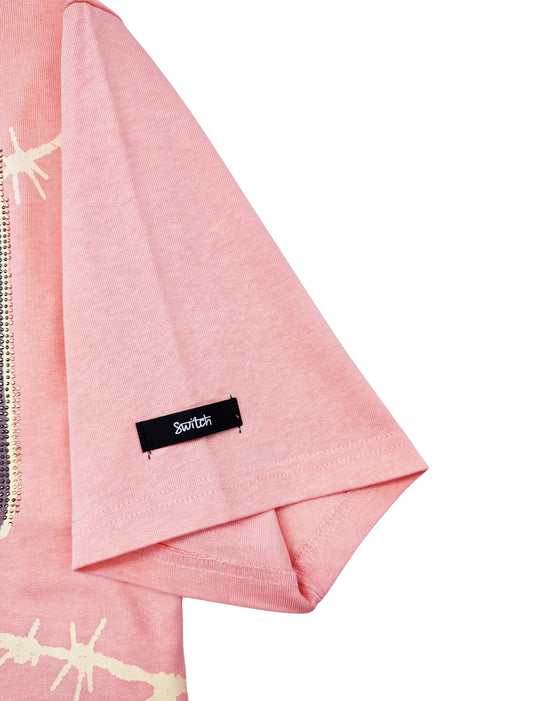 SWITCH MEN'S RHINESTONE BROKEN SKULL DROP SHOULDER GRAPHIC T-SHIRT (PINK)