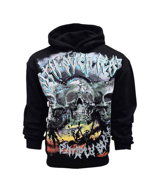 PJ MARK BLEECKER & MERCER MEN'S RHINESTONE FAITH OVER FEAR, SKULL GRAPHIC BLACK HOODIE