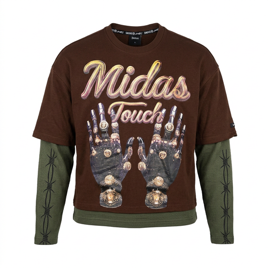 SWITCH MEN'S LONG SLEEVE RHINESTONE MIDAS TOUCH GRAPHIC T-SHIRT (BROWN)