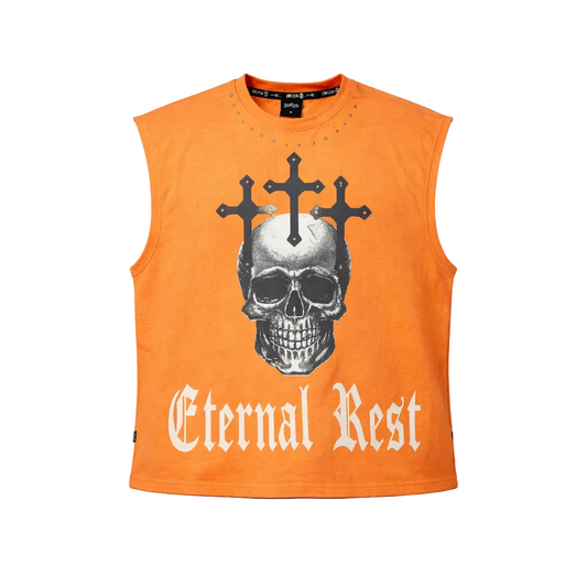 SWITCH MEN'S ETERNAL REST SKULL GRAPHIC CUT-OFF SLEEVELESS MUSCLE TANK TOP (BRICK ORANGE)