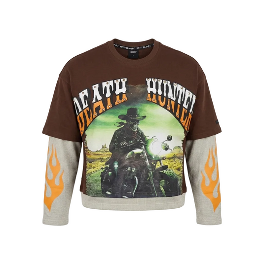 SWITCH MEN'S LONG SLEEVE DEATH HUNTER GRAPHIC T-SHIRT (BROWN)