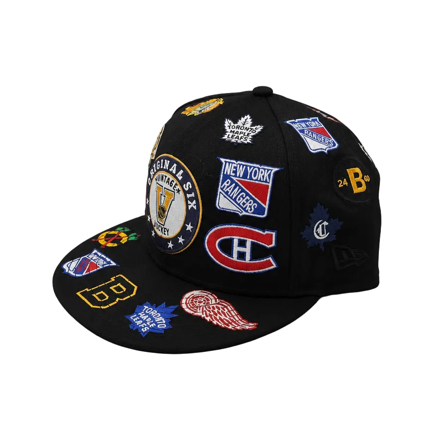 9FIFTY MEN'S ORIGINAL 6 NHL NEW ERA BLACK ALLOVER LOGOS SNAPBACK HAT