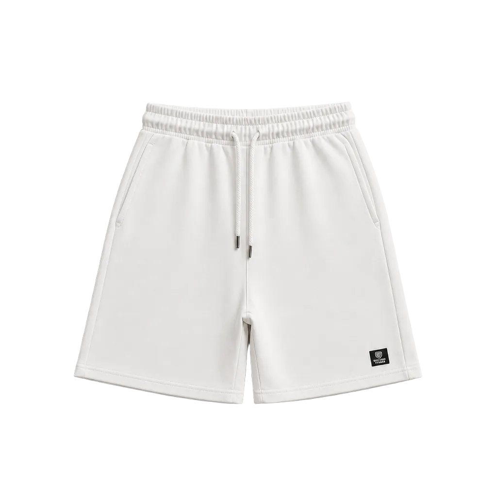 White shorts with a small black logo on a gray background