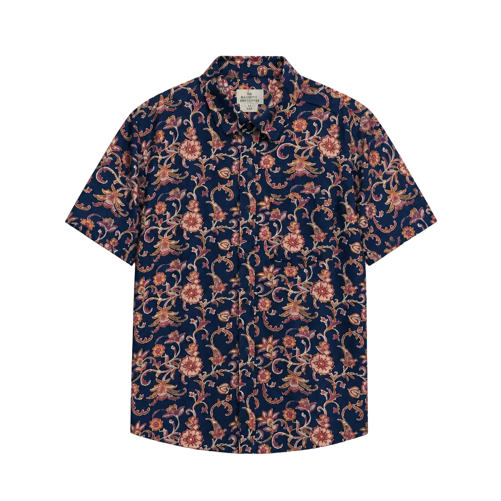 SPRINGFIELD MEN'S SHORT SLEEVES PRINTED BUTTON-UP SHIRT (NAVY BLUE/PINK)