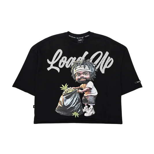 SWITCH MEN'S RHINESTONE LOAD UP CROPPED GRAPHIC T-SHIRT (BLACK)