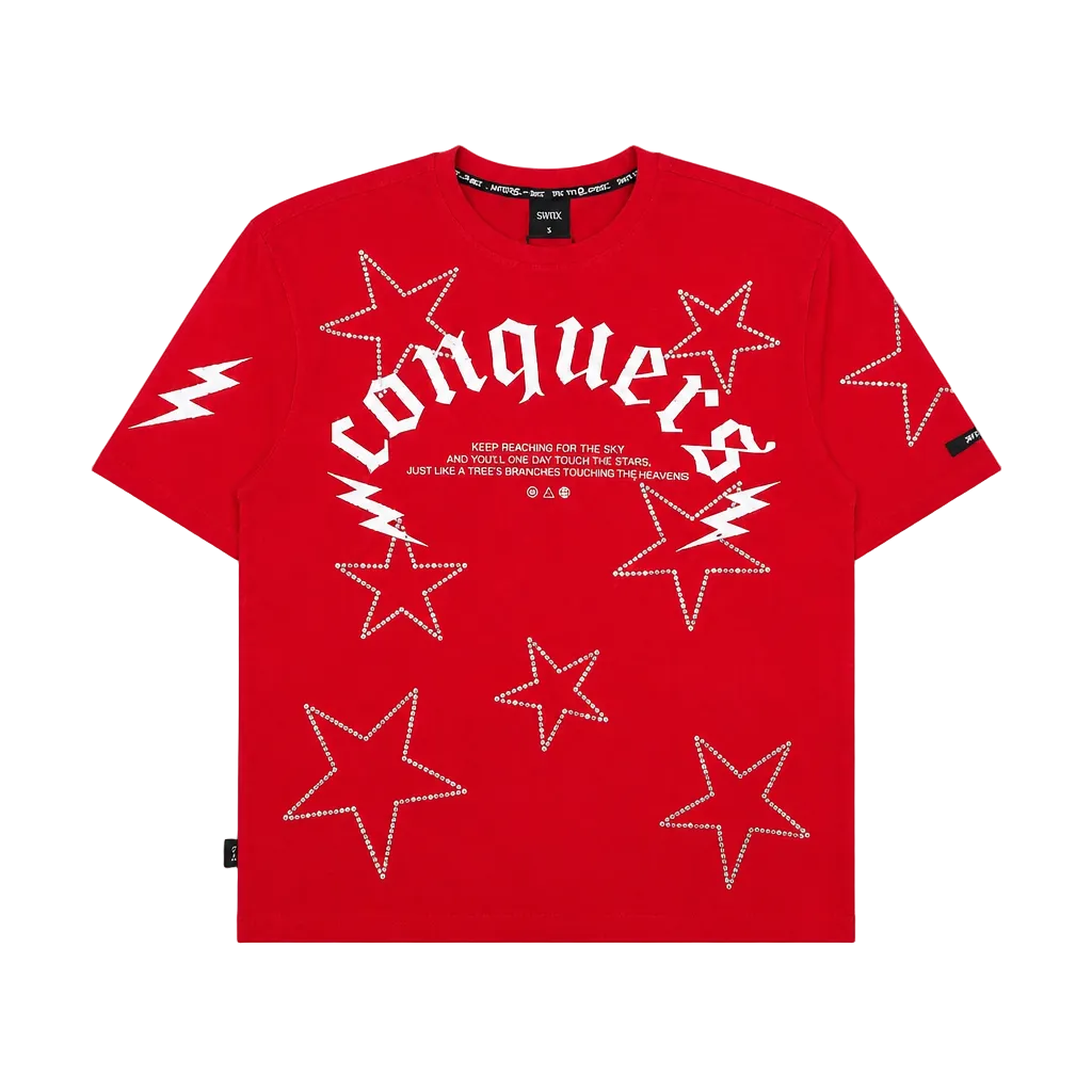 SWITCH MEN'S CONQUERS GRAPHIC & RHINESTONE T-SHIRT/SHORTS SET (RED)