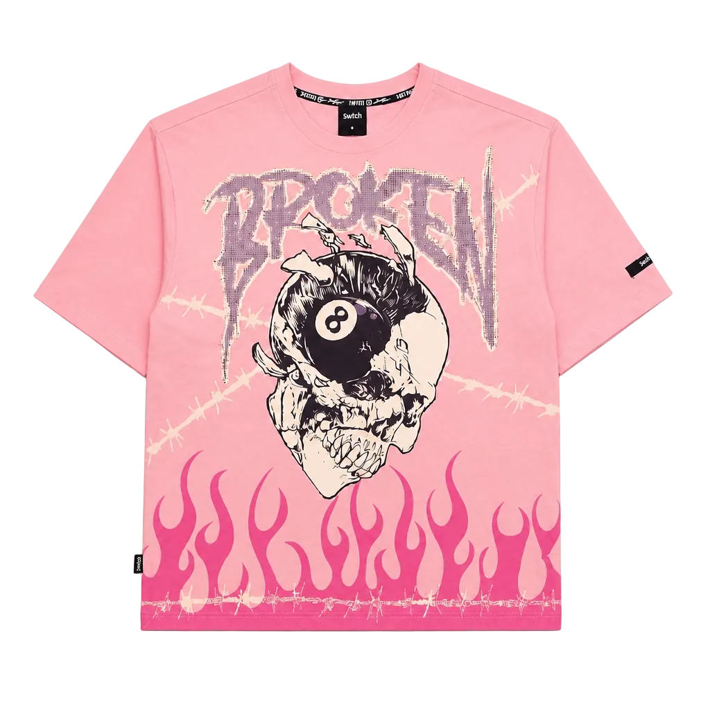 SWITCH MEN'S RHINESTONE BROKEN SKULL DROP SHOULDER GRAPHIC T-SHIRT (PINK)