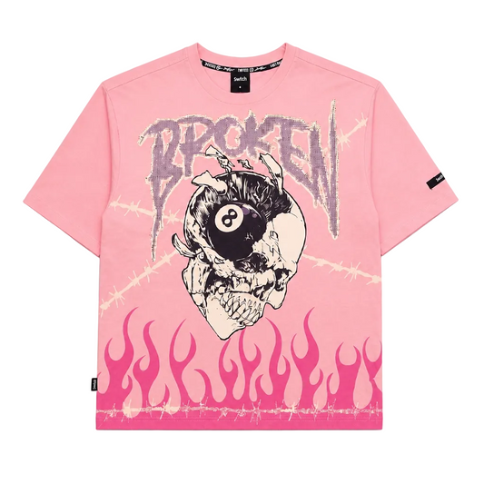SWITCH MEN'S RHINESTONE BROKEN SKULL DROP SHOULDER GRAPHIC T-SHIRT (PINK)