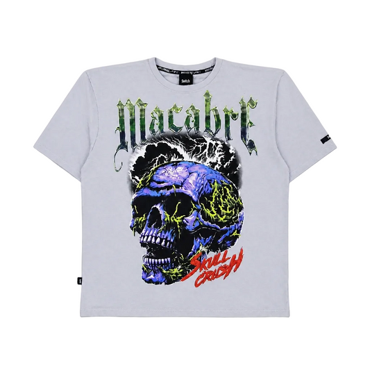 SWITCH MEN'S RHINESTONE MACABRE SKULL CRUSH DROP SHOULDER GRAPHIC T-SHIRT (GREY)