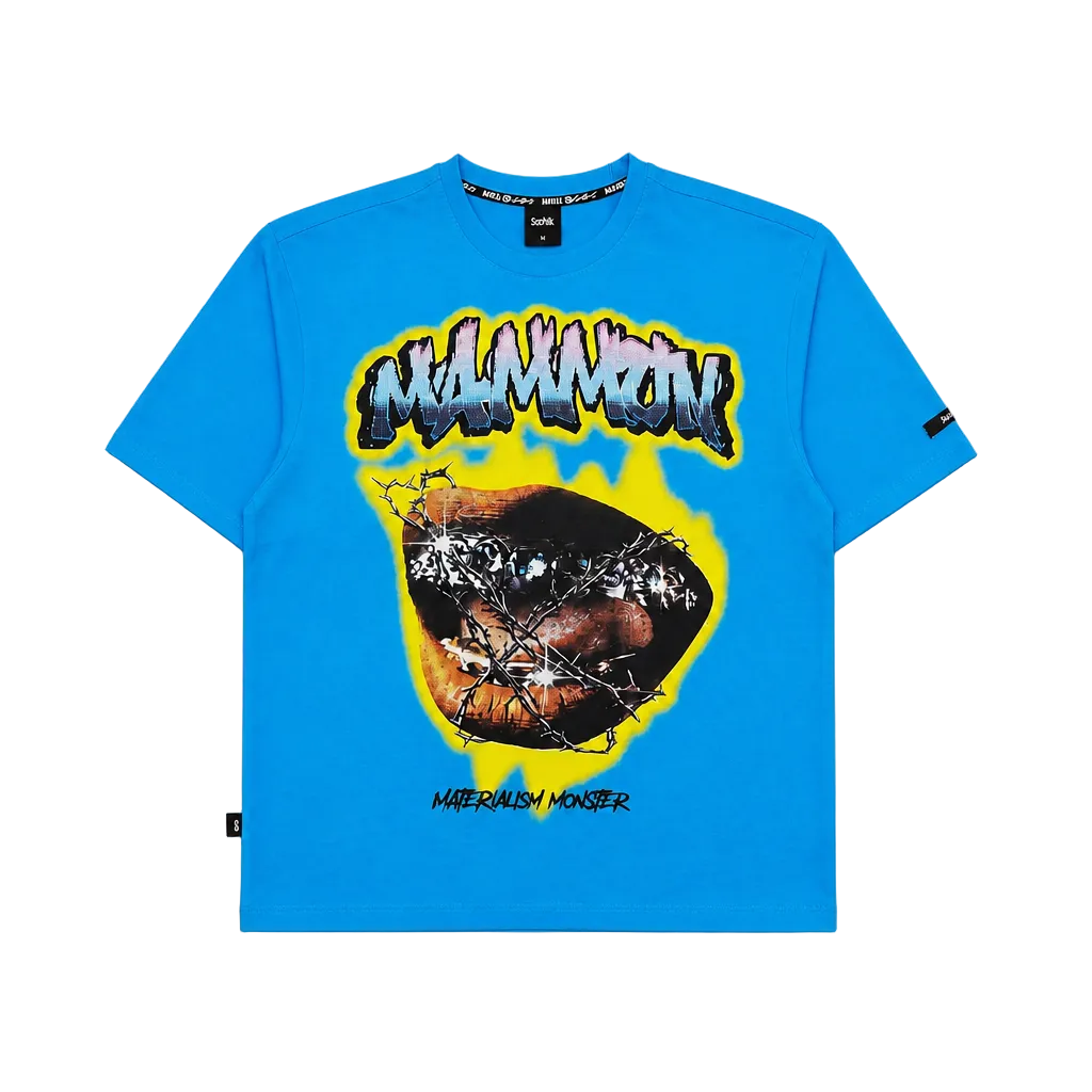 SWITCH MEN'S RHINESTONE MAMMON MATERIALISM MONSTER DROP SHOULDER GRAPHIC T-SHIRT (AQUA BLUE)