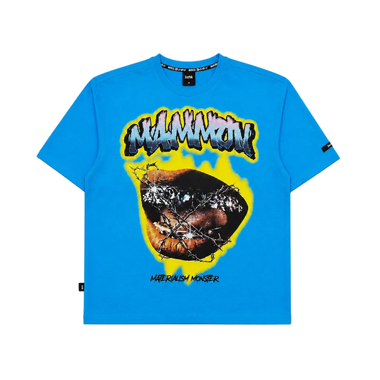 SWITCH MEN'S RHINESTONE MAMMON MATERIALISM MONSTER DROP SHOULDER GRAPHIC T-SHIRT (AQUA BLUE)