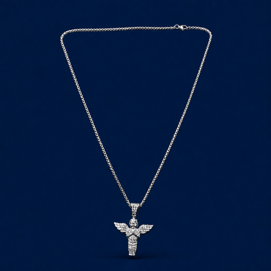 24INCH 2MM SILVER TONE STAINLESS STEEL ANGEL PENDANT & CHAIN NECKLACE