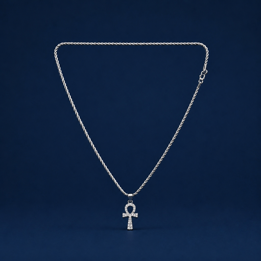 24INCH 2MM SILVER TONE METAL ANKH KEY OF LIFE PENDANT & CHAIN NECKLACE