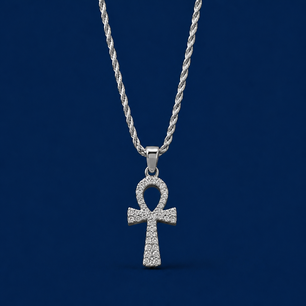 24INCH 2MM SILVER TONE METAL ANKH KEY OF LIFE PENDANT & CHAIN NECKLACE