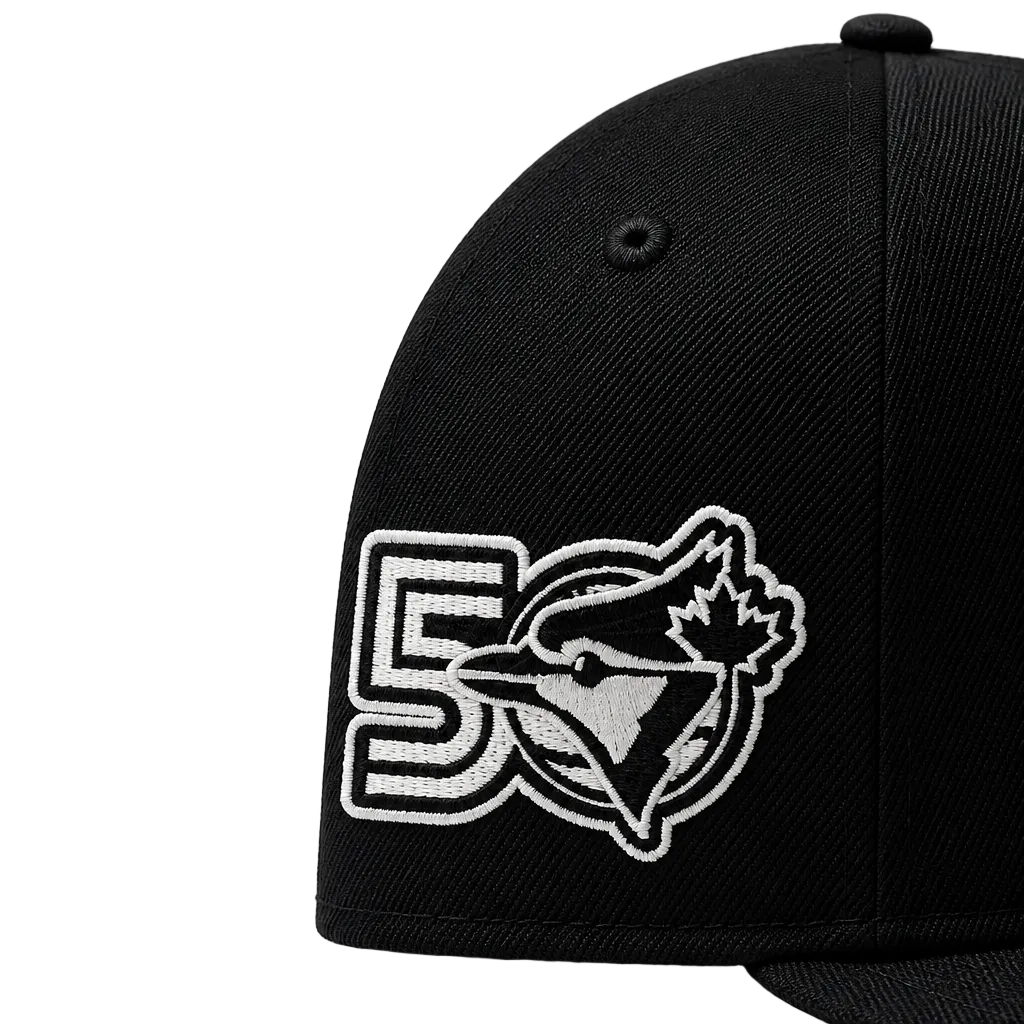 Black cap with a white logo on a light gray background