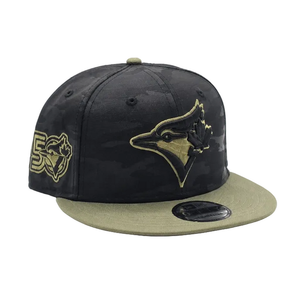 MEN'S NEW ERA MLB CAMO BLACK & OLIVE GREEN TORONTO BLUE JAYS 50TH SEASON PATCH 9FIFTY SNAPBACK HAT