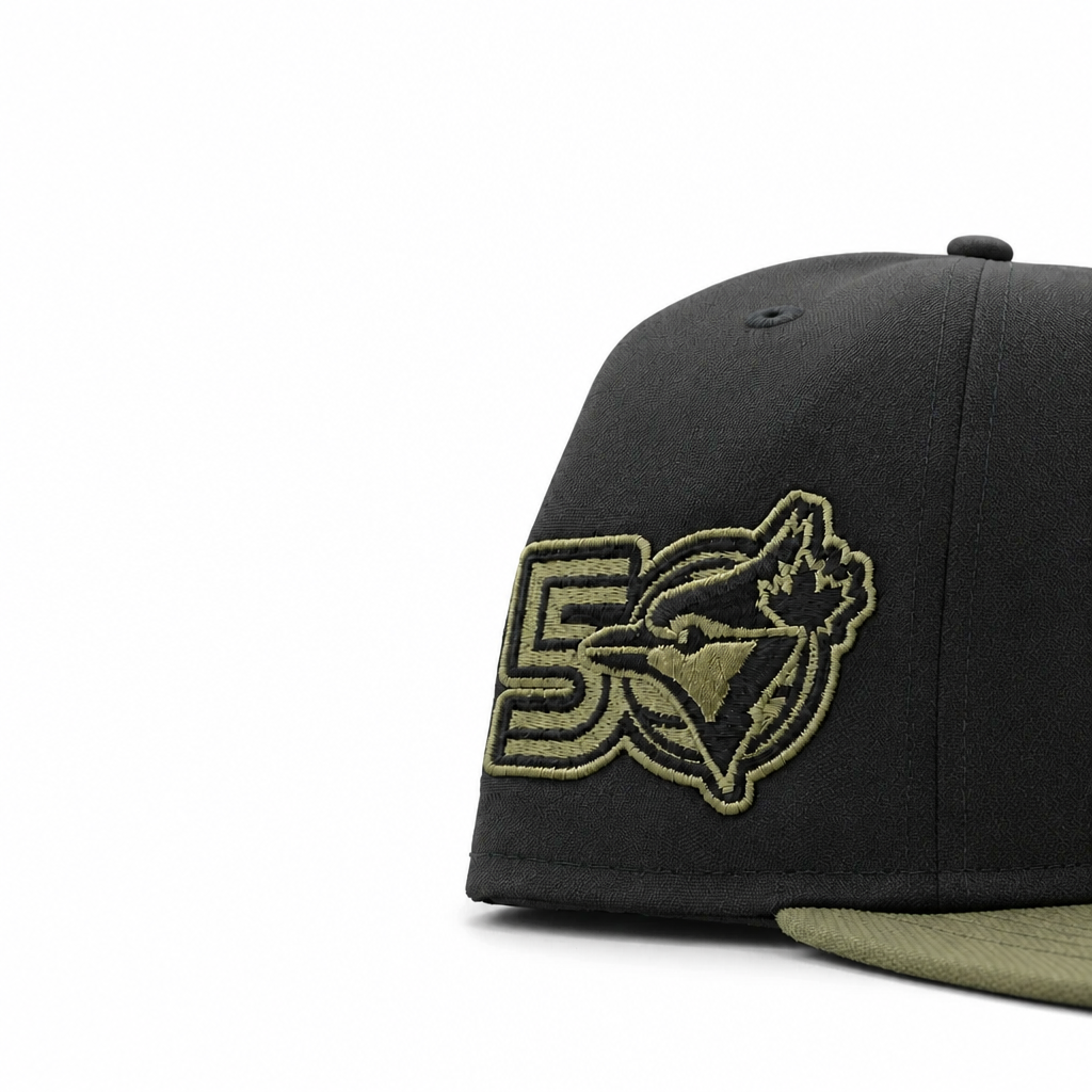 Black and green baseball cap with logo and number on a white background