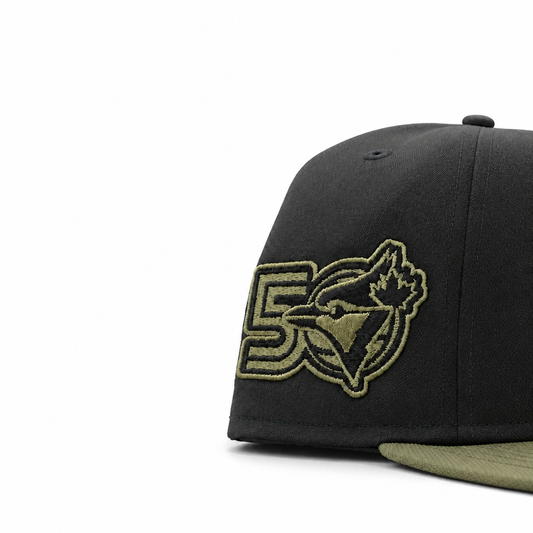MEN'S NEW ERA MLB CAMO BLACK & OLIVE GREEN TORONTO BLUE JAYS 50TH SEASON PATCH 9FIFTY SNAPBACK HAT