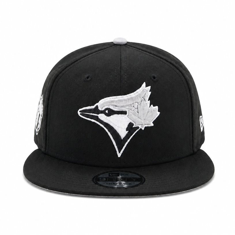 Black baseball cap with a white logo on a white background