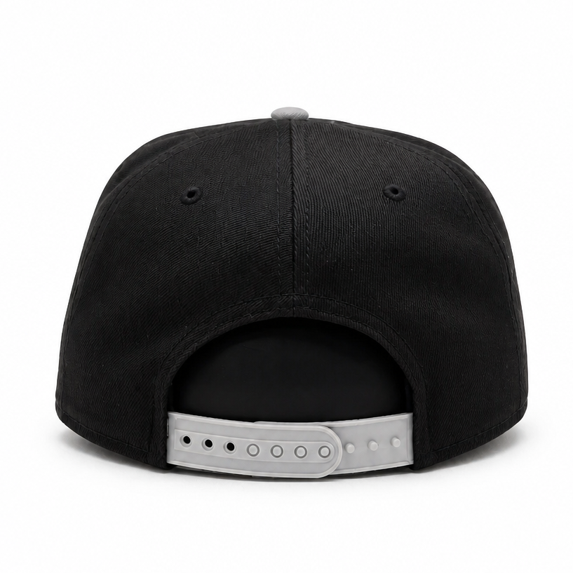 Black cap with a gray brim on a white background