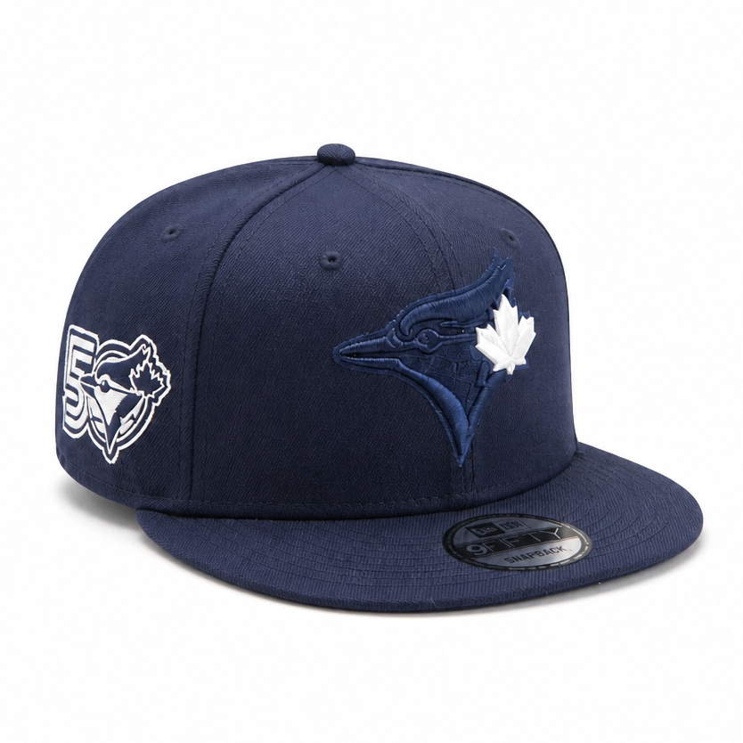 Navy blue baseball cap with logo on a white background