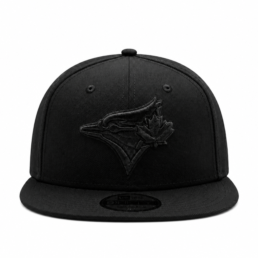 Black baseball cap with a logo on a white background