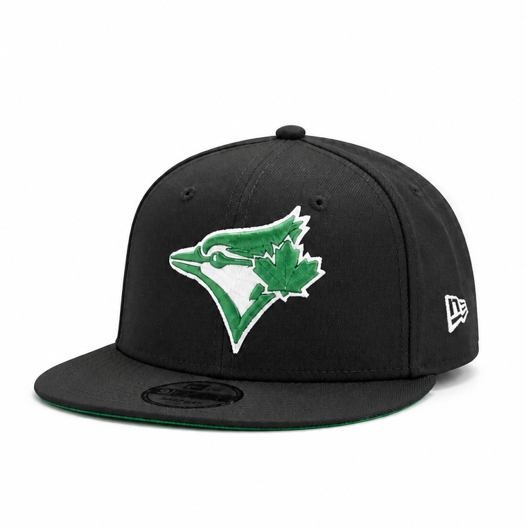Black baseball cap with green logo on a white background